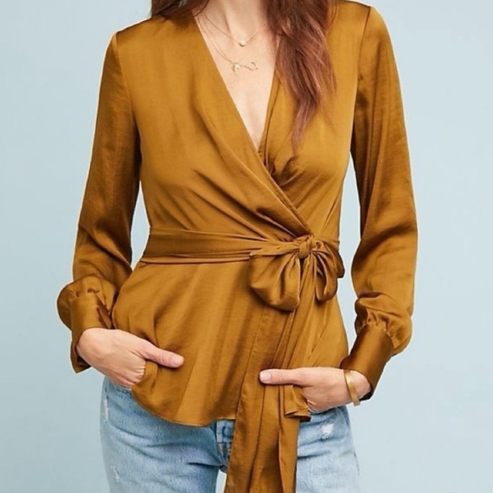 Anthropologie Moulinette Soeurs Brynn Drapey Satin Faux Wrap Tie blouse Sz 0